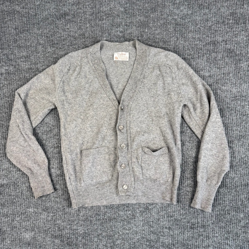 Vtg 60s Thane Cardigan Womens M Lambswool Gray Grandpa Sweater Made in USA
